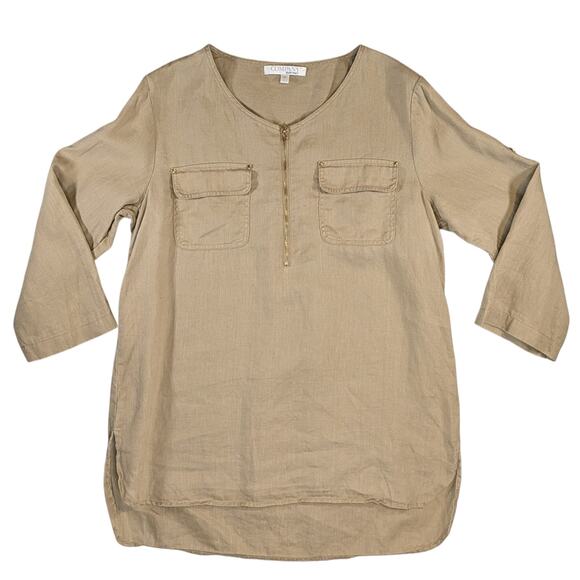 Lot 3 Company Ellen Women’s M 100% Linen Tunic Top Navy Green Beige Roll Tab - Picture 1 of 16